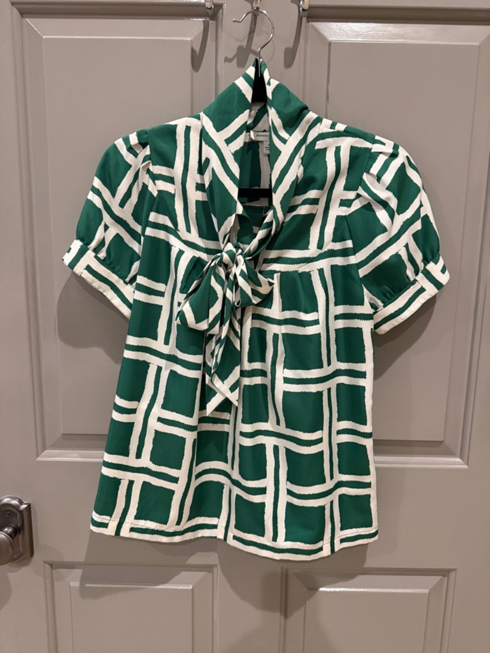 Banana Republic Green and White Grid Tie-Neck Blouse